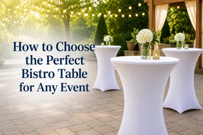 Elegant outdoor cocktail tables with white stretch table covers, floral centerpieces, and string lights at a wedding venue, showcasing stylish bistro table rentals for weddings, parties, and corporate events.