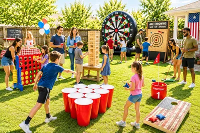 Guests enjoying popular 2026 yard games including Yard Pong, Cornhole, Giant Jenga, and Bucket Golf at a backyard party.
