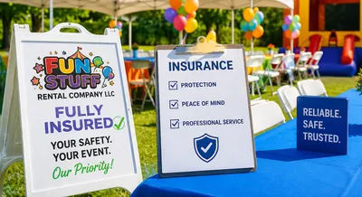 Bright outdoor event setup featuring a white party tent, tables and chairs, and signage highlighting that Fun Stuff Rental Company LLC is fully insured, emphasizing safety, professionalism, and peace of mind for event rentals.