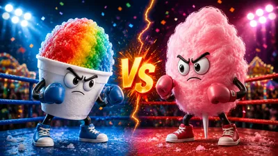Snow cone and cotton candy facing off in a playful boxing match, representing the ultimate party treat showdown for birthdays, festivals, and special events.