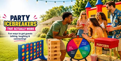Friends laughing and playing giant yard games at a bright outdoor party with a prize wheel, popcorn machine, and colorful decorations, illustrating fun party icebreakers that help guests connect.