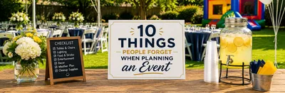 Event planning checklist with tables, chairs, string lights, and party setup illustrating the 10 most commonly forgotten details when planning a wedding, graduation party, corporate event, or backyard celebration.