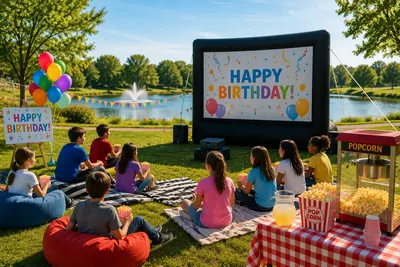 Children and families enjoying outdoor birthday party activities in Fishers, Indiana, including Nerf battles, yard games, and concession treats.