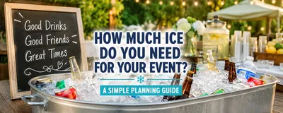 Large galvanized beverage tub filled with ice, bottled drinks, canned beverages, and water at a bright outdoor party, illustrating how much ice is needed to keep drinks cold during an event.
