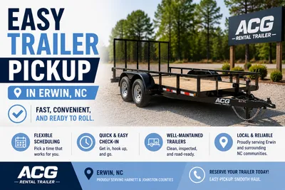 Easy trailer pickup in Erwin, NC featuring a utility trailer ready for fast rental and pickup