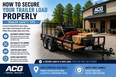 Trailer load securement and safety tips showing properly strapped cargo on utility trailer in North Carolina