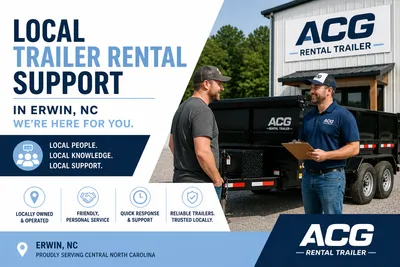 Local trailer rental support in Erwin, NC with ACG staff helping customer next to dump trailer.