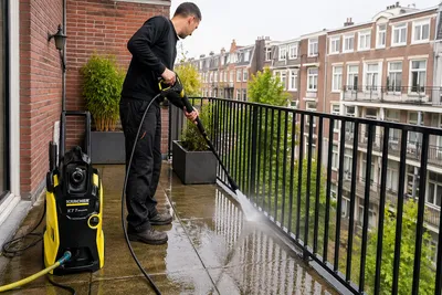 Balkon schoonmaken Amsterdam met hogedrukreiniger en groene aanslag verwijderen