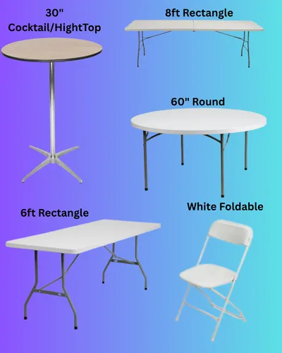 Party rental table options including rectangular, round, and cocktail tables for indoor and outdoor events.