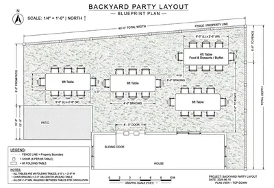 Backyard party layout showing tables, chairs, and walkways arranged for comfortable guest movement.