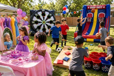 A group of children having fun at an outdoor birthday party. Some children are dressing up as princesses with tiaras and a mirror, while others play soccer, basketball, cornhole, and Battle Buckets in a decorated backyard with colorful balloons and party games.