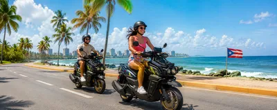 Scooter rental customers riding along the coast in Isla Verde, San Juan, Puerto Rico