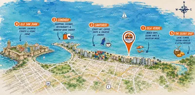 Illustrated map of San Juan's coastline highlighting Isla Verde, Santurce, Condado, Old San Juan and local hidden gems near Puerto Rico Scooter & Can Am Rentals