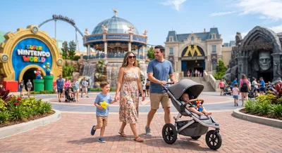 Family Enjoying the Theme park with a stroller