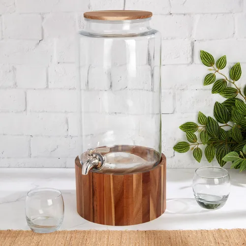 Glass Beverage Dispenser with Wood Stand