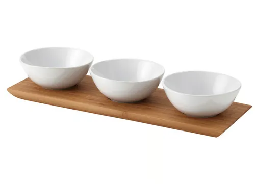 Bamboo Serving Tray with 3 White Bowls