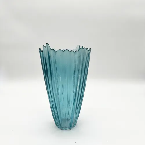 Tall Ribbed Aqua Glass Vase