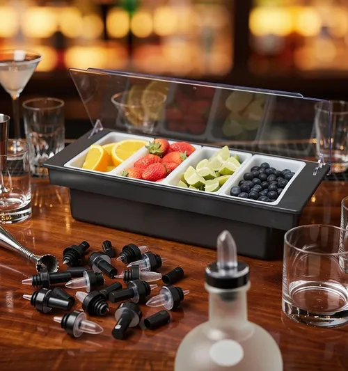 Bar Products Condiment Holder for Serving Container Chilled Garnish Tray with Lid for Bar Caddy, 4-1 Pint Inserts, With Added 12 Liquor Bottle Pourers, and 12 Pourer Covers - Black