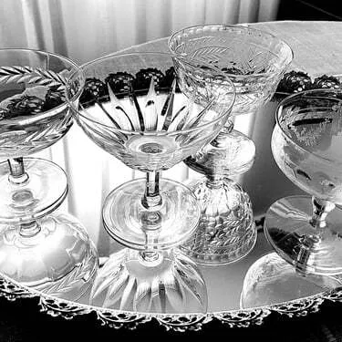 Mismatched Clear Vintage Champagne Coupes