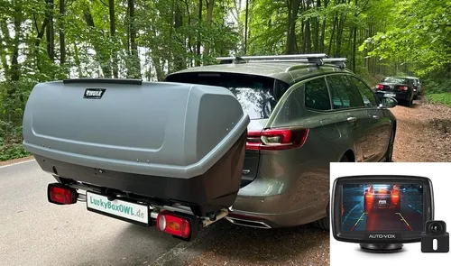 Thule Heckbox BackUp900/1 (420l) auf Heckträger (klappbar) & optionaler Rückfahrkamera/Funkmonitor 