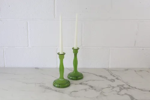 Vintage Green Glass Candlestick Holders