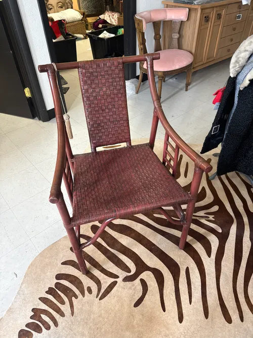 RETIRED $200 EACH Vintage Hollywood Regency Tommi Parzinger Style Red Bamboo and Wicker Armchair