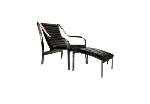 AMANDA Leather Chrome Lounger + Ottoman Accent Chair