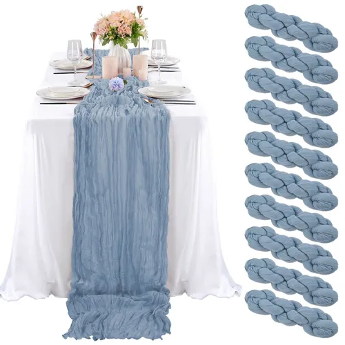 Dusty blue cheesecloth table runner
