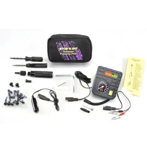 Stop & Go Tubeless Puncture Pilot Motorcycle Tire Repair Kit w/ 12V Compressor