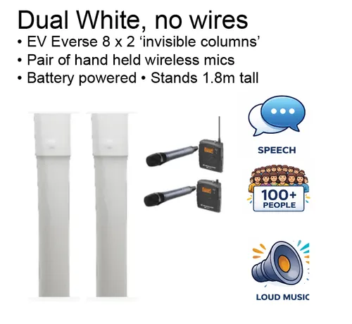 White Invisible PA with 2 speakers and 2 wireless mics