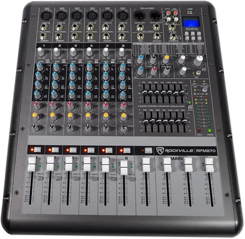 Rockville RPM870 6000w Powered Mixer, 8 Channel, 8 XDR2 Mic Pres, USB, 24-Bit Effects, Bluetooth, for Live Bands and DJs