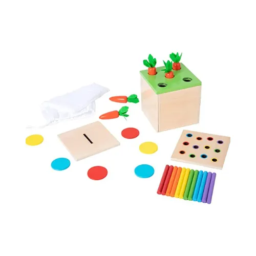 Carrot Harvest Game, Matchstick Color Drop Game and Coin Box (3-for-1)