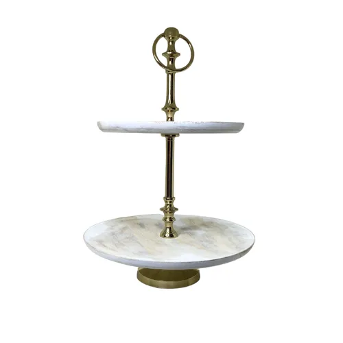 Two Tiered Serving Tray White Wood and Gold