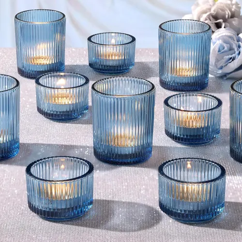 Ribbed Blue Votive Candle Holders