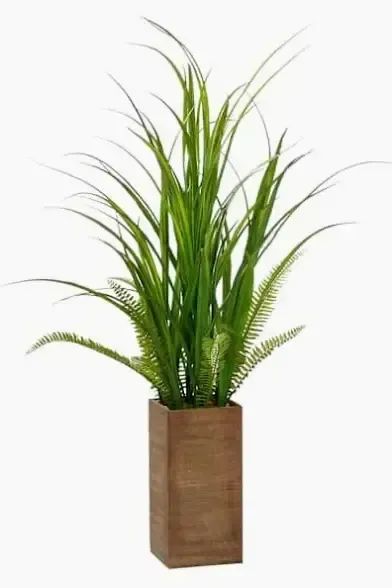 Med Green Faux Reed Grass plant in wood plannter