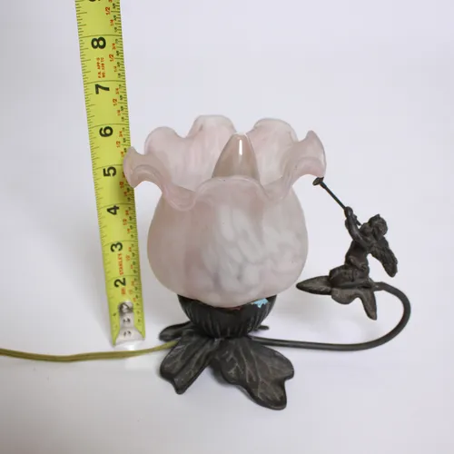 Pink Glass Tulip Flower Desk Lamp, Metal Trumpeting Cherub Base
