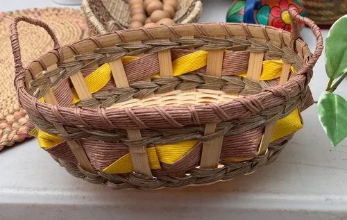 Natural, pink and yellow - Handwoven Grass/Straw decorative storage basket with handles