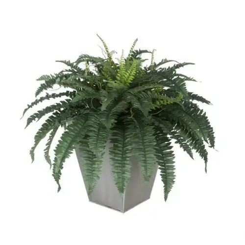 Med Green Faux Fern plant in metal box planter