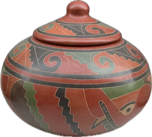 Elias Boza Nicaragua Pottery Covered Jar - Terracota Clay, Green, Red, Black 