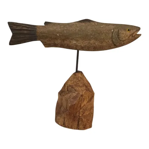 Carved Wood Fish on wood stand, vintage folk art