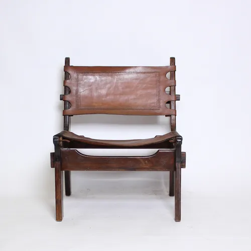 Brown Leather Designer Lounge Chair / Wood Frame