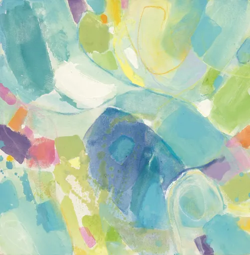 Turquoise, blue, green, pink abstract wall art/artwork in gold frame 24