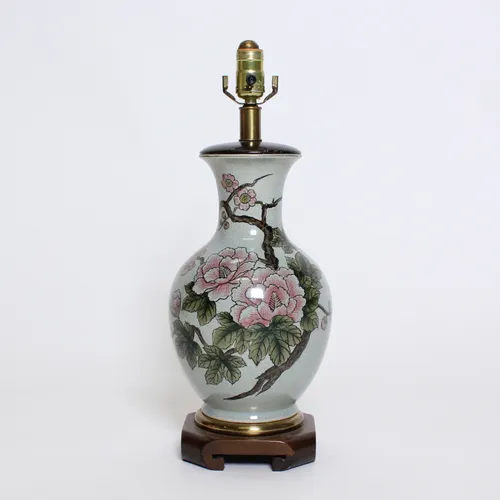 Floral Mint Ceramic Lamp, Wood Base