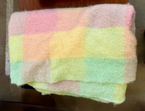 Pink, yellow, green plad pattern Glen Cree mohair and wool throw blanket