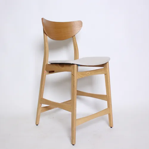 Natural Wood Counter Height Stool, Beige Fabric Seat