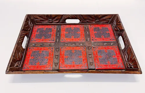 Wood and Red Ceramic Tile Vintage Tray