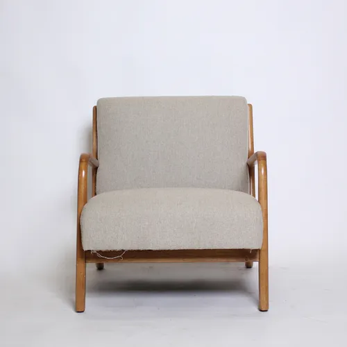 Ecru Fabric Lounge Chair w/ Wood Frame