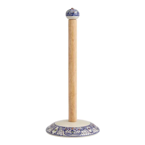Tunis White and Blue Ceramic and Wood Paper Towel holder
