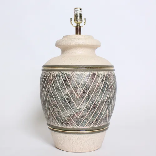 Ceramic Off-White Lamp w/ Design & Gold Bands