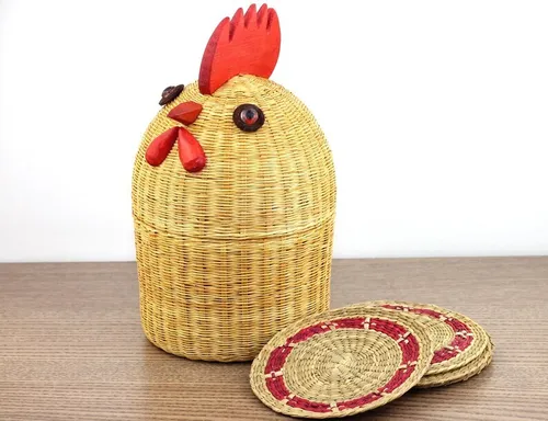 Vintage Wicker Chicken Basket Coaster Set